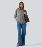 Boat Neck Long Batwing Sleeve Curved Hem Casual Wool-Blend Top — Nickel Cloud — view 5
