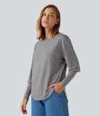 Boat Neck Long Batwing Sleeve Curved Hem Casual Wool-Blend Top — Nickel Cloud — view 3