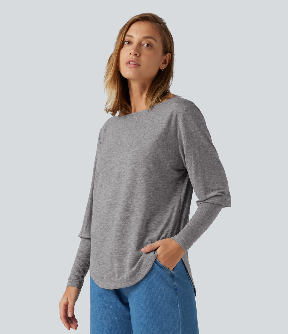 Boat Neck Long Batwing Sleeve Curved Hem Casual Wool-Blend Top — Nickel Cloud — view 3