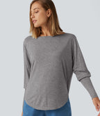 Boat Neck Long Batwing Sleeve Curved Hem Casual Wool-Blend Top — Nickel Cloud — view 4