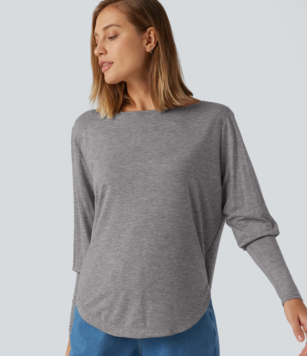 Boat Neck Long Batwing Sleeve Curved Hem Casual Wool-Blend Top — Nickel Cloud — view 4