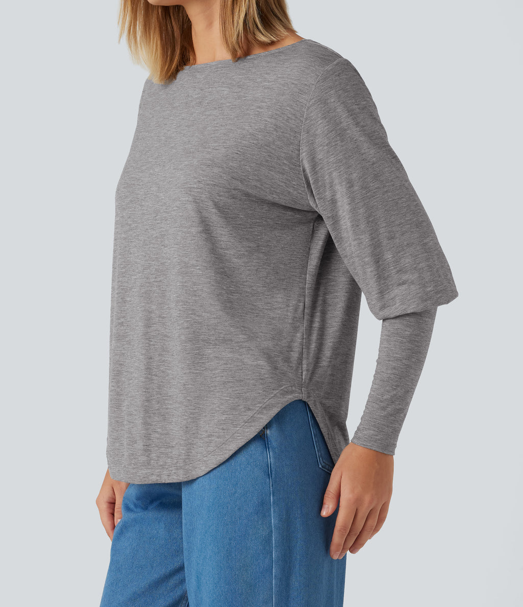 Boat Neck Long Batwing Sleeve Curved Hem Casual Wool-Blend Top — Nickel Cloud — view 6