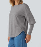 Boat Neck Long Batwing Sleeve Curved Hem Casual Wool-Blend Top — Nickel Cloud — view 6