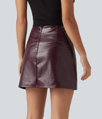 High Waisted 2-in-1 A-Line Casual PU Leather Mini Skirt — Pieberry Red — view 3