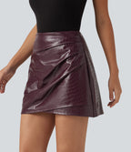 High Waisted 2-in-1 A-Line Casual PU Leather Mini Skirt — Pieberry Red — view 4