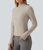 Stand Collar Long Sleeve Thumb Hole Casual Fleece Top — Moonbeam — view 5