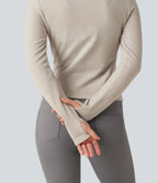 Stand Collar Long Sleeve Thumb Hole Casual Fleece Top — Moonbeam — view 6