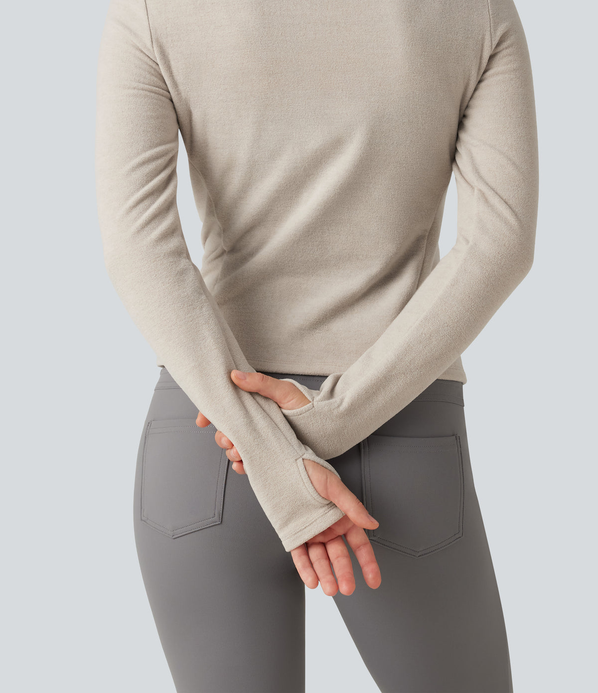 Stand Collar Long Sleeve Thumb Hole Casual Fleece Top — Moonbeam — view 6