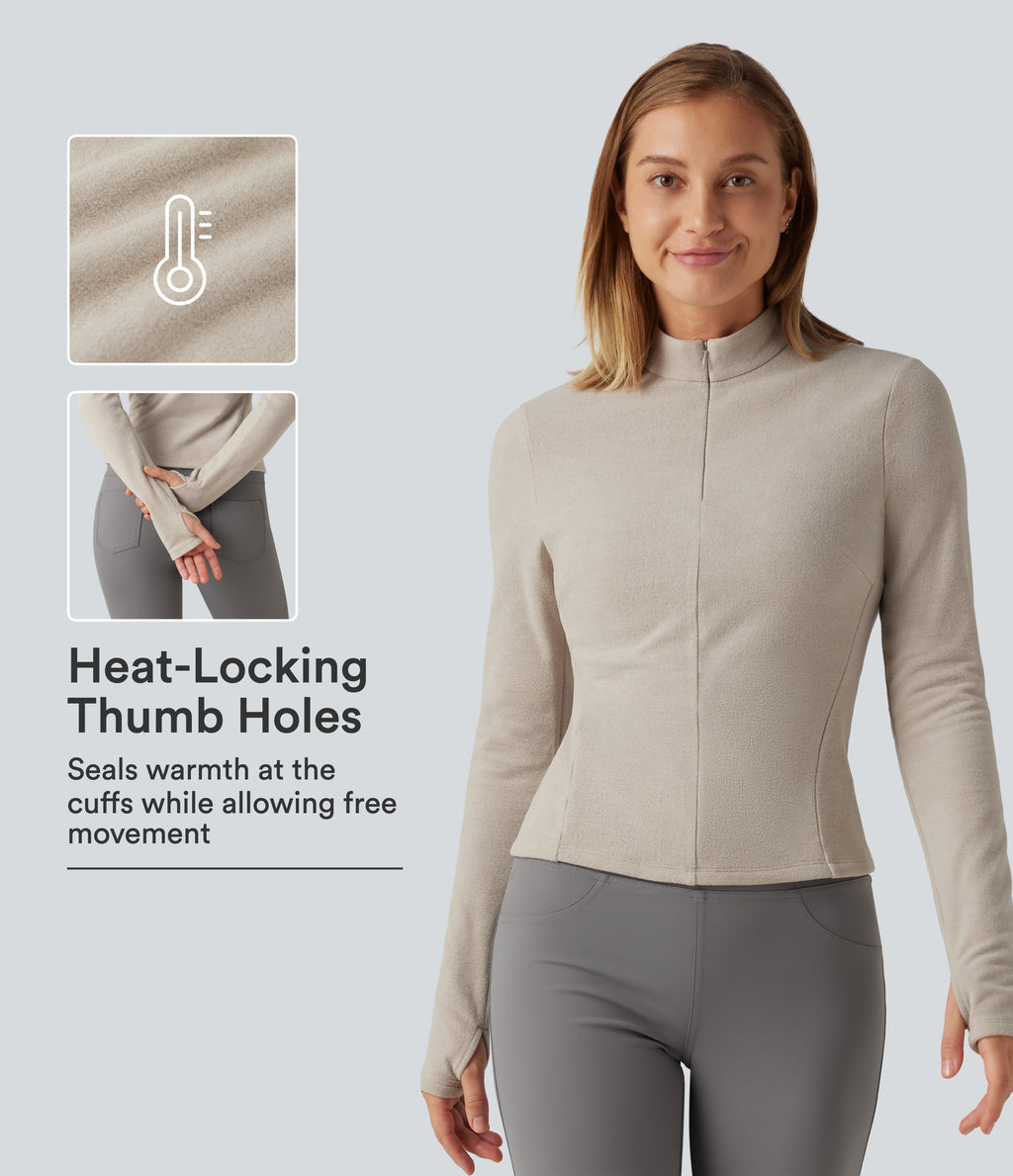 Stand Collar Long Sleeve Thumb Hole Casual Fleece Top — Moonbeam — view 1