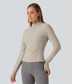Stand Collar Long Sleeve Thumb Hole Casual Fleece Top — Moonbeam — view 3