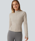 Stand Collar Long Sleeve Thumb Hole Casual Fleece Top — Moonbeam — view 4
