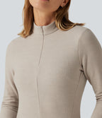 Stand Collar Long Sleeve Thumb Hole Casual Fleece Top — Moonbeam — view 7