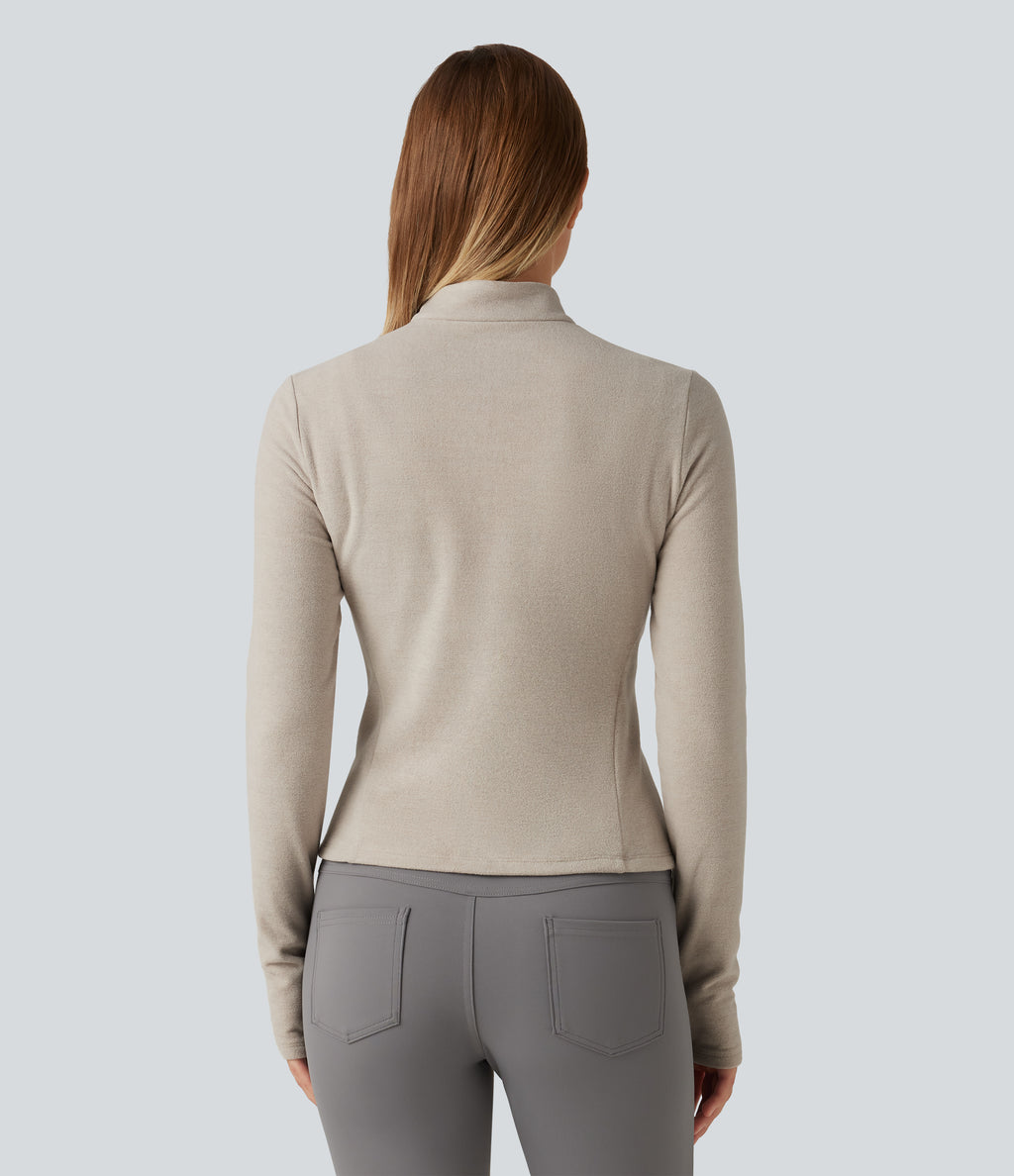 Stand Collar Long Sleeve Thumb Hole Casual Fleece Top — Moonbeam — view 2