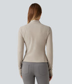 Stand Collar Long Sleeve Thumb Hole Casual Fleece Top — Moonbeam — view 2