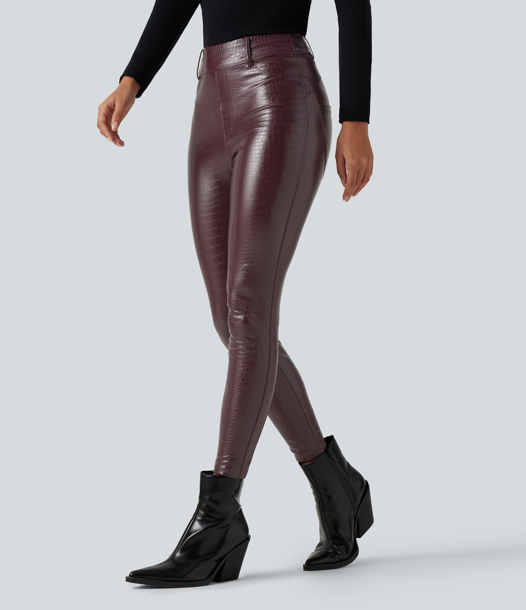 High Waisted Snakeskin Print Stretchy PU Fleece Casual Leggings with Pockets — Pieberry Red — view 3