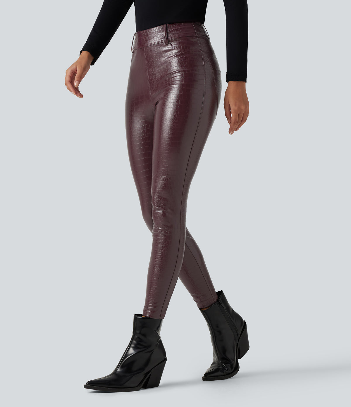 High Waisted Snakeskin Print Stretchy PU Fleece Casual Leggings with Pockets — Pieberry Red — view 3
