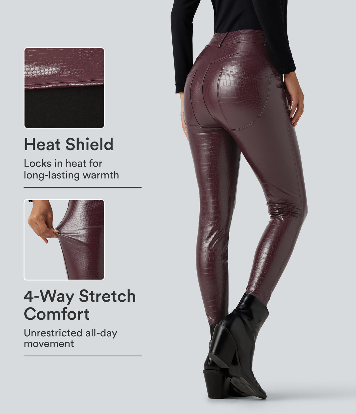 High Waisted Snakeskin Print Stretchy PU Fleece Casual Leggings with Pockets — Pieberry Red — view 1