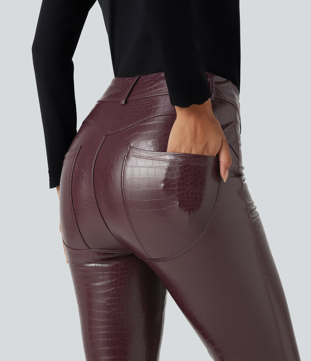 High Waisted Snakeskin Print Stretchy PU Fleece Casual Leggings with Pockets — Pieberry Red — view 4