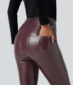 High Waisted Snakeskin Print Stretchy PU Fleece Casual Leggings with Pockets — Pieberry Red — view 4