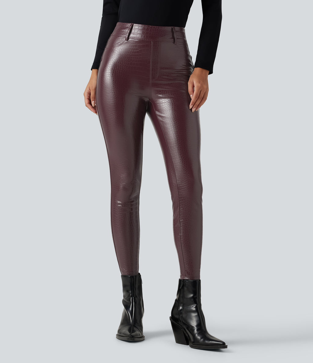 High Waisted Snakeskin Print Stretchy PU Fleece Casual Leggings with Pockets — Pieberry Red — view 2