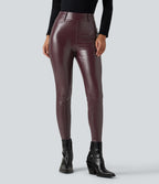 High Waisted Snakeskin Print Stretchy PU Fleece Casual Leggings with Pockets — Pieberry Red — view 2