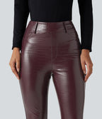 High Waisted Snakeskin Print Stretchy PU Fleece Casual Leggings with Pockets — Pieberry Red — view 5