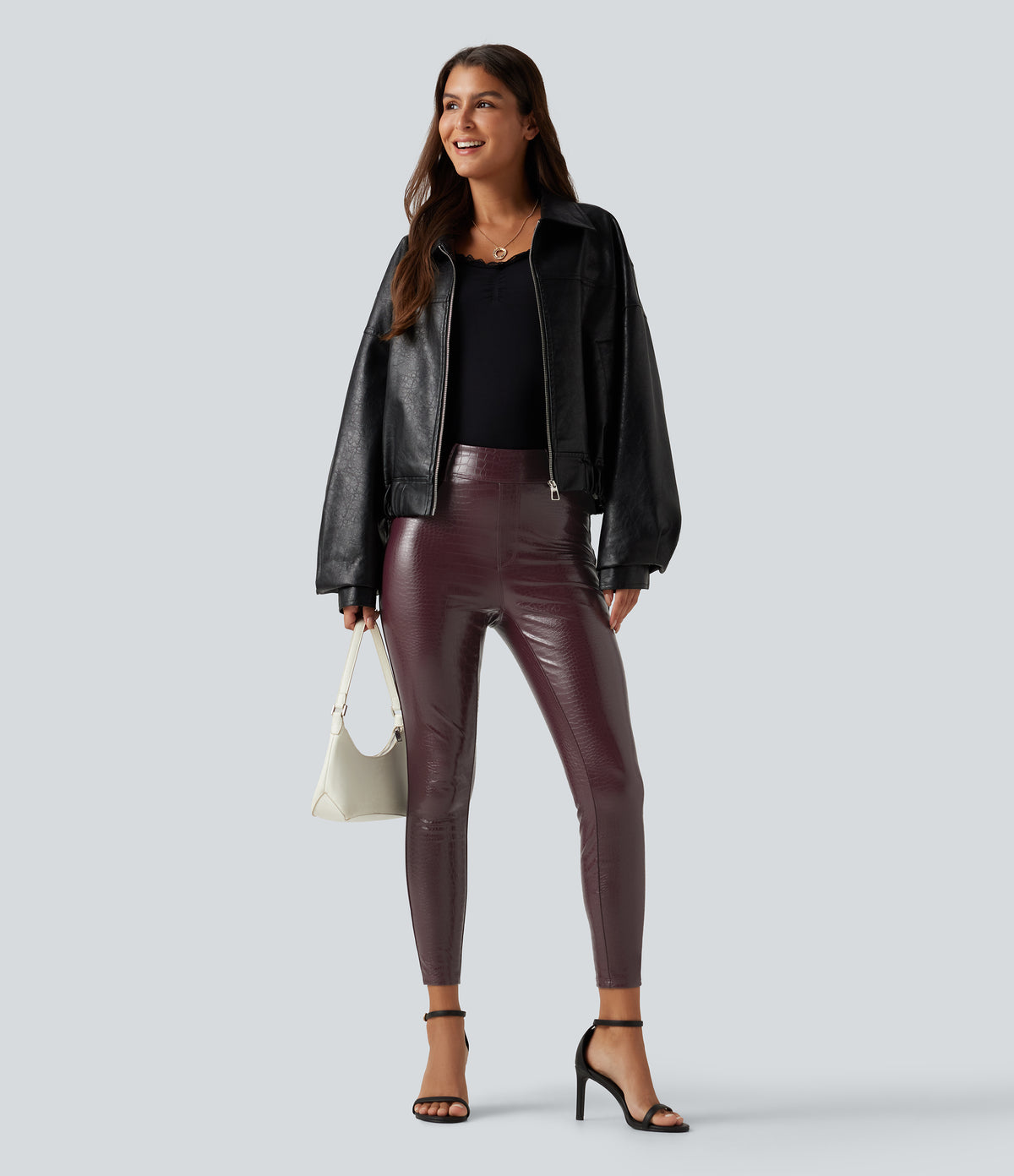 High Waisted Snakeskin Print Stretchy PU Fleece Casual Leggings with Pockets — Pieberry Red — view 7