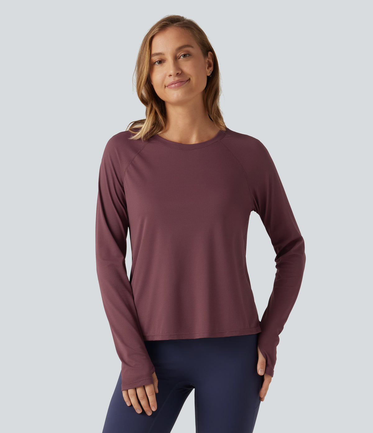 Round Neck Mesh Raglan Long Sleeve Thumb Holes Quick Dry Running Sports Top — Evening Red — view 3