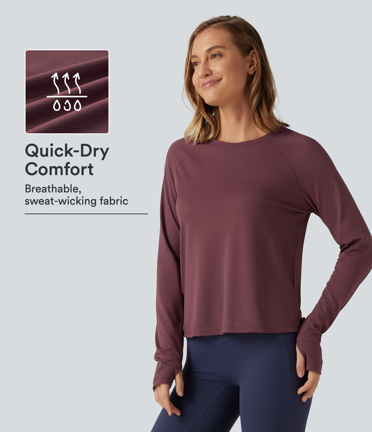 Round Neck Mesh Raglan Long Sleeve Thumb Holes Quick Dry Running Sports Top — Evening Red — view 1