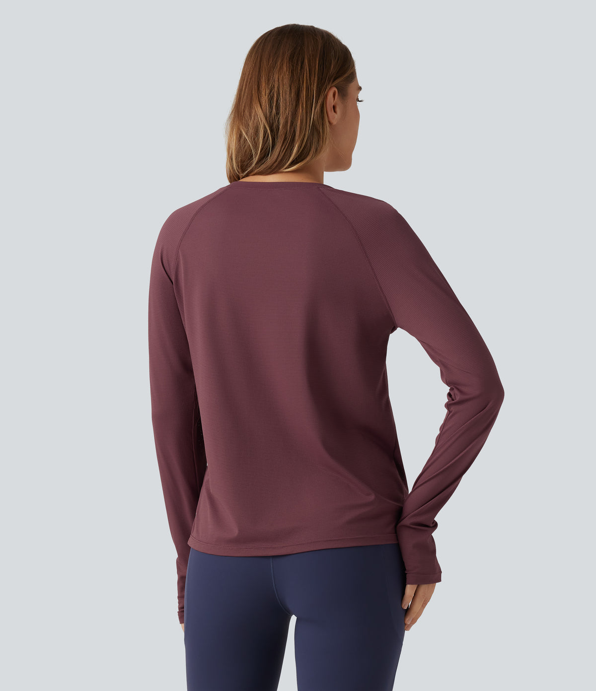 Round Neck Mesh Raglan Long Sleeve Thumb Holes Quick Dry Running Sports Top — Evening Red — view 2