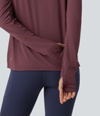 Round Neck Mesh Raglan Long Sleeve Thumb Holes Quick Dry Running Sports Top — Evening Red — view 5