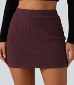 Cable‑Knit High Waisted Built-In Shorts Mini Casual Bodycon Skirt — Muddled Berry — view 4