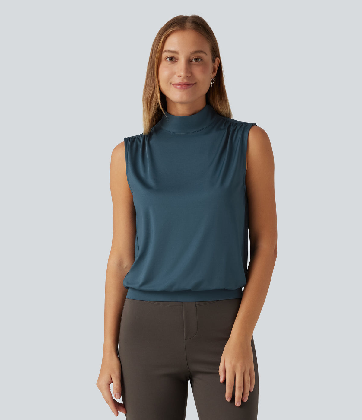 Stand Collar Ruched Work Tank Top — Balsam — view 3