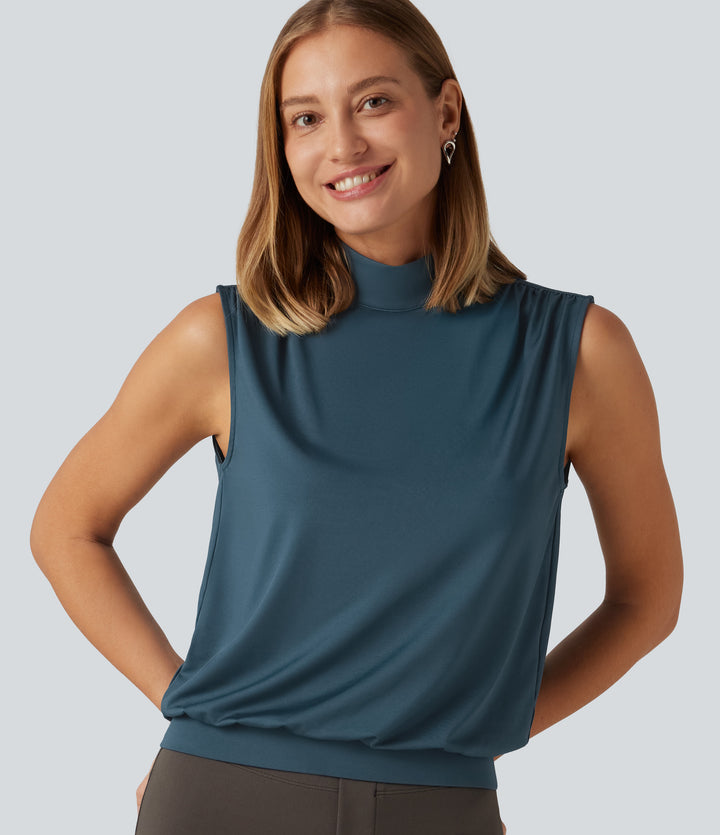 Stand Collar Ruched Work Tank Top — Balsam — view 1