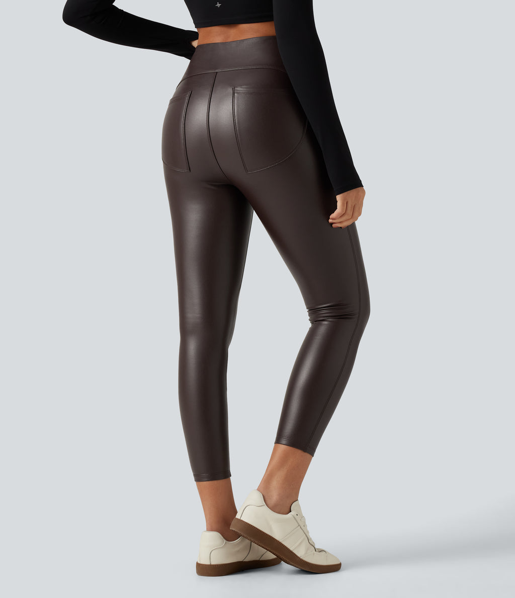 High Waisted Ruched Stretchy PU Fleece Yoga Leggings with Pockets — Hot Fudge — view 2