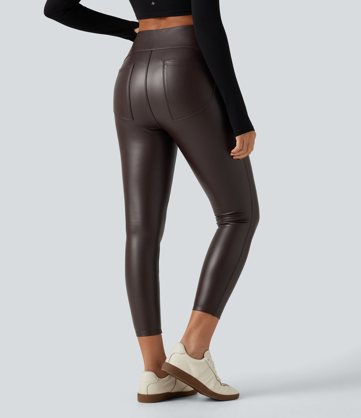 High Waisted Ruched Stretchy PU Fleece Yoga Leggings with Pockets — Hot Fudge — view 2