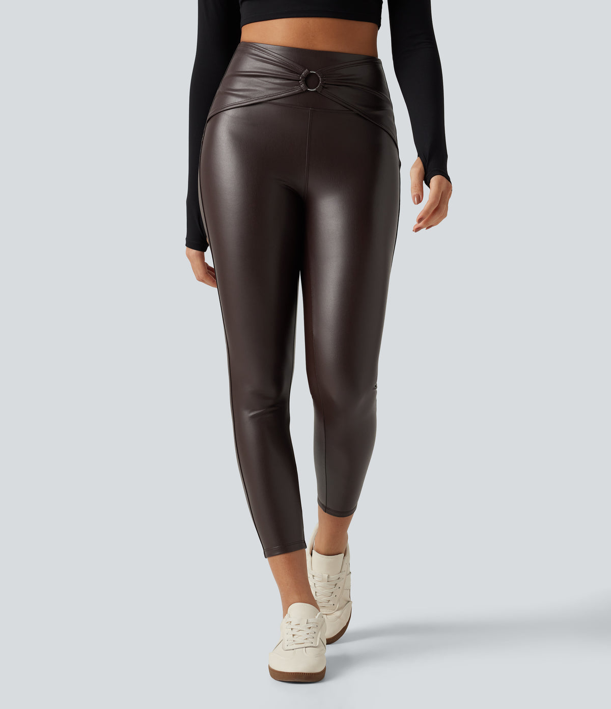 High Waisted Ruched Stretchy PU Fleece Yoga Leggings with Pockets — Hot Fudge — view 3