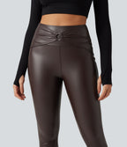 High Waisted Ruched Stretchy PU Fleece Yoga Leggings with Pockets — Hot Fudge — view 5
