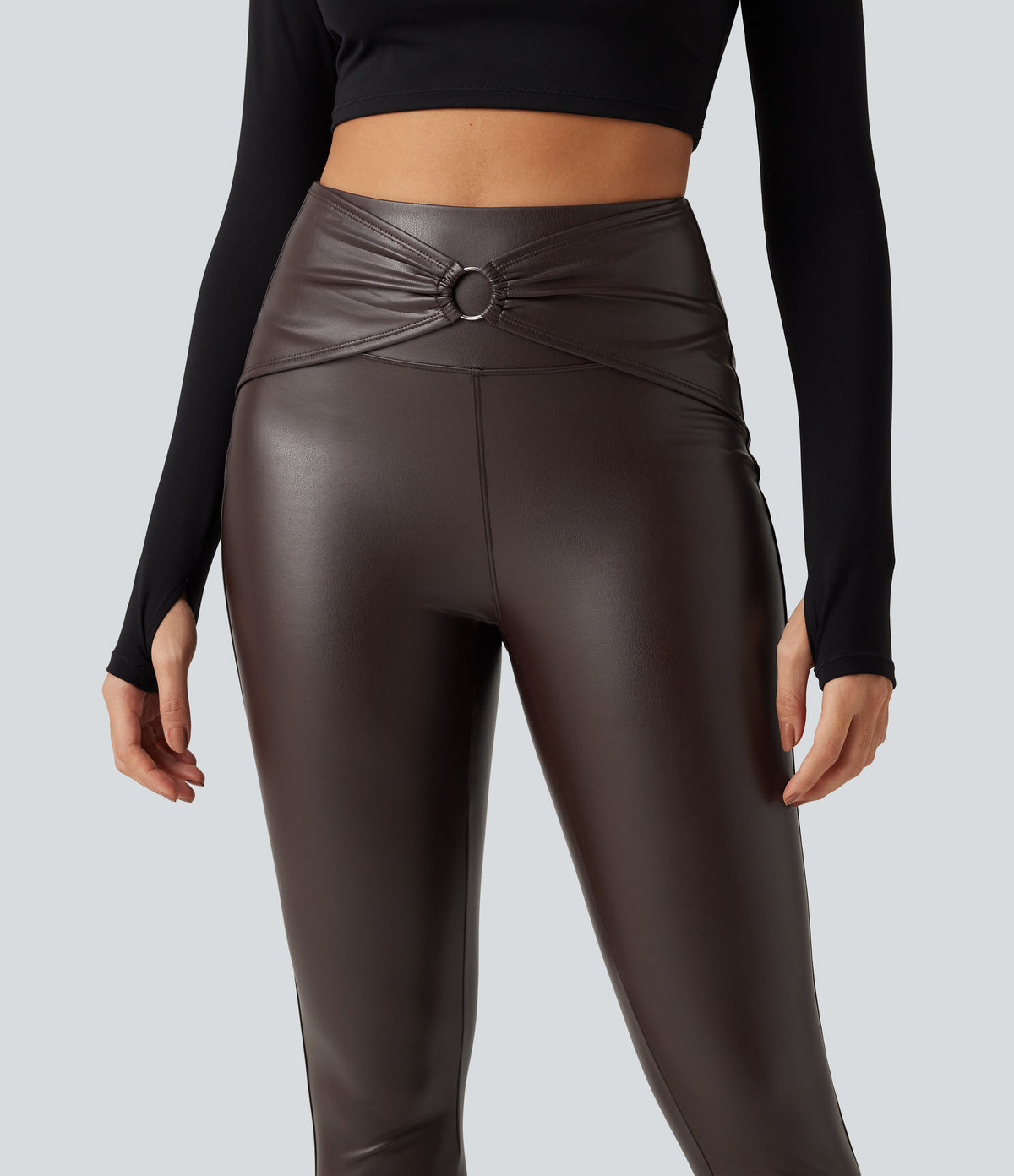 High Waisted Ruched Stretchy PU Fleece Yoga Leggings with Pockets — Hot Fudge — view 5