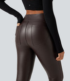 High Waisted Ruched Stretchy PU Fleece Yoga Leggings with Pockets — Hot Fudge — view 6