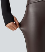 High Waisted Ruched Stretchy PU Fleece Yoga Leggings with Pockets — Hot Fudge — view 7
