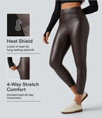 High Waisted Ruched Stretchy PU Fleece Yoga Leggings with Pockets — Hot Fudge — view 1