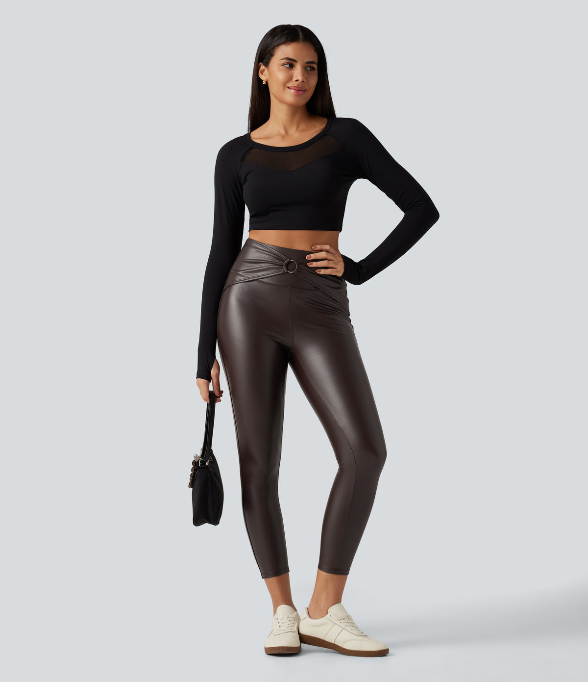 High Waisted Ruched Stretchy PU Fleece Yoga Leggings with Pockets — Hot Fudge — view 4