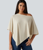 One Shoulder Half Sleeve Batwing Asymmetric Hem Oversized Casual Top — Soft Rice White — view 1