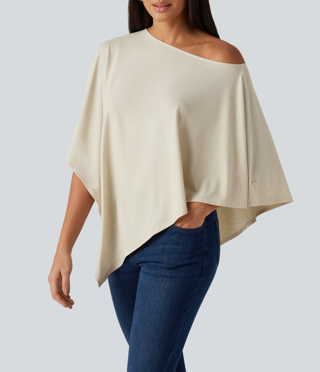 One Shoulder Half Sleeve Batwing Asymmetric Hem Oversized Casual Top — Soft Rice White — view 6