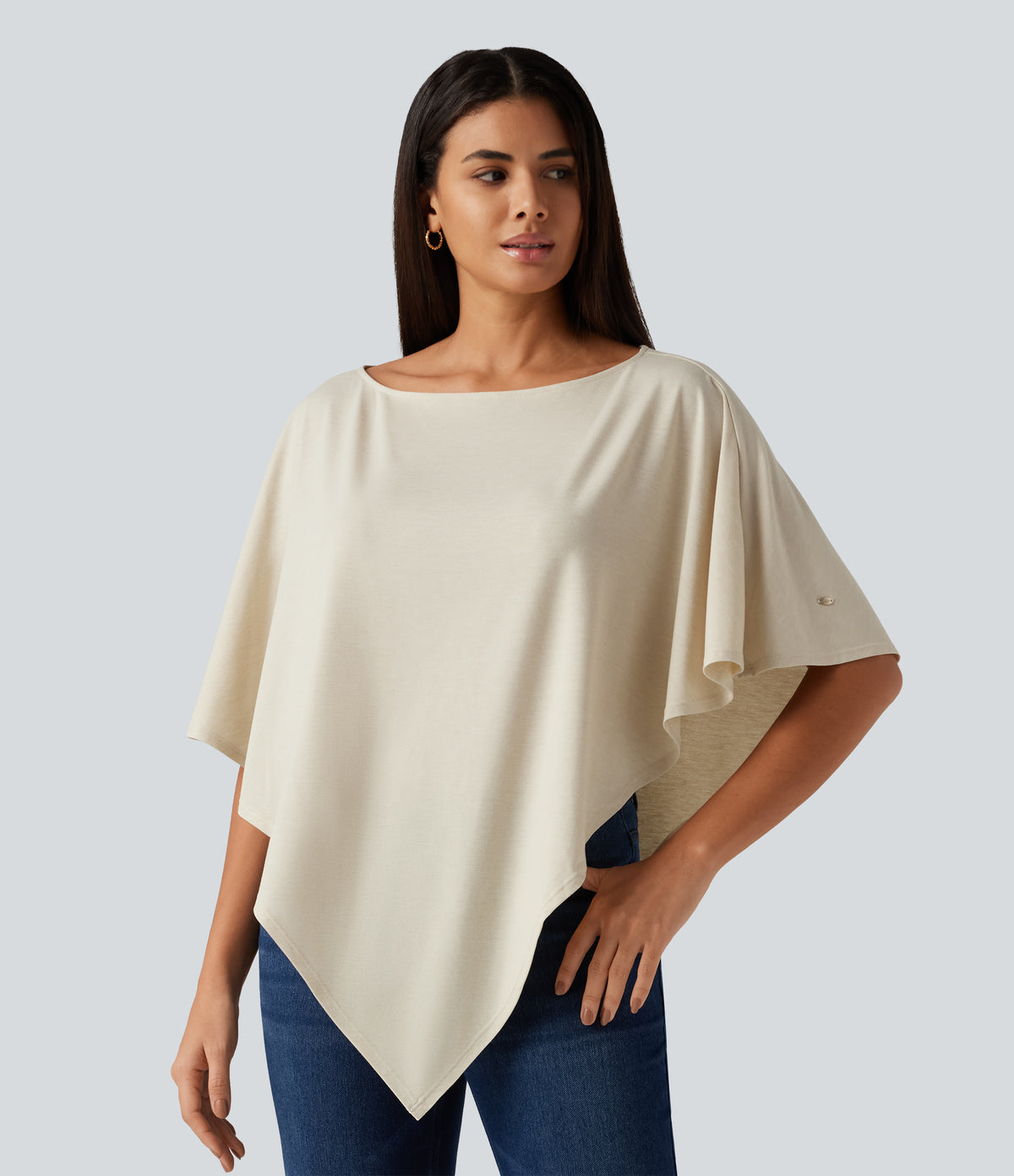 One Shoulder Half Sleeve Batwing Asymmetric Hem Oversized Casual Top — Soft Rice White — view 4