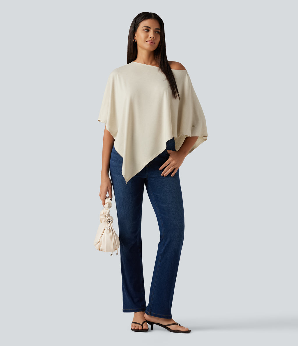 One Shoulder Half Sleeve Batwing Asymmetric Hem Oversized Casual Top — Soft Rice White — view 8