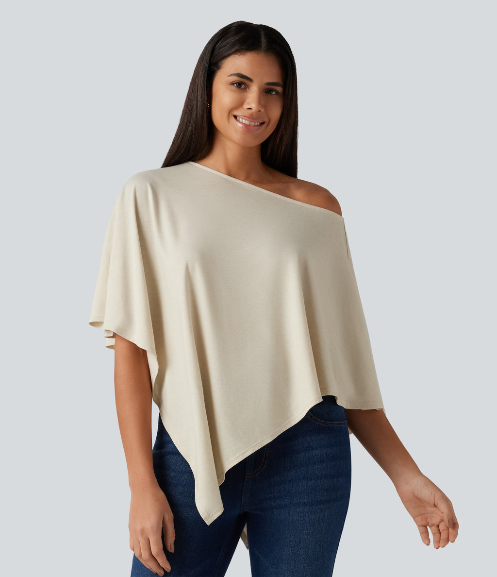 One Shoulder Half Sleeve Batwing Asymmetric Hem Oversized Casual Top — Soft Rice White — view 5