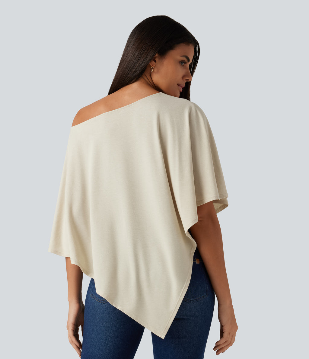 One Shoulder Half Sleeve Batwing Asymmetric Hem Oversized Casual Top — Soft Rice White — view 2