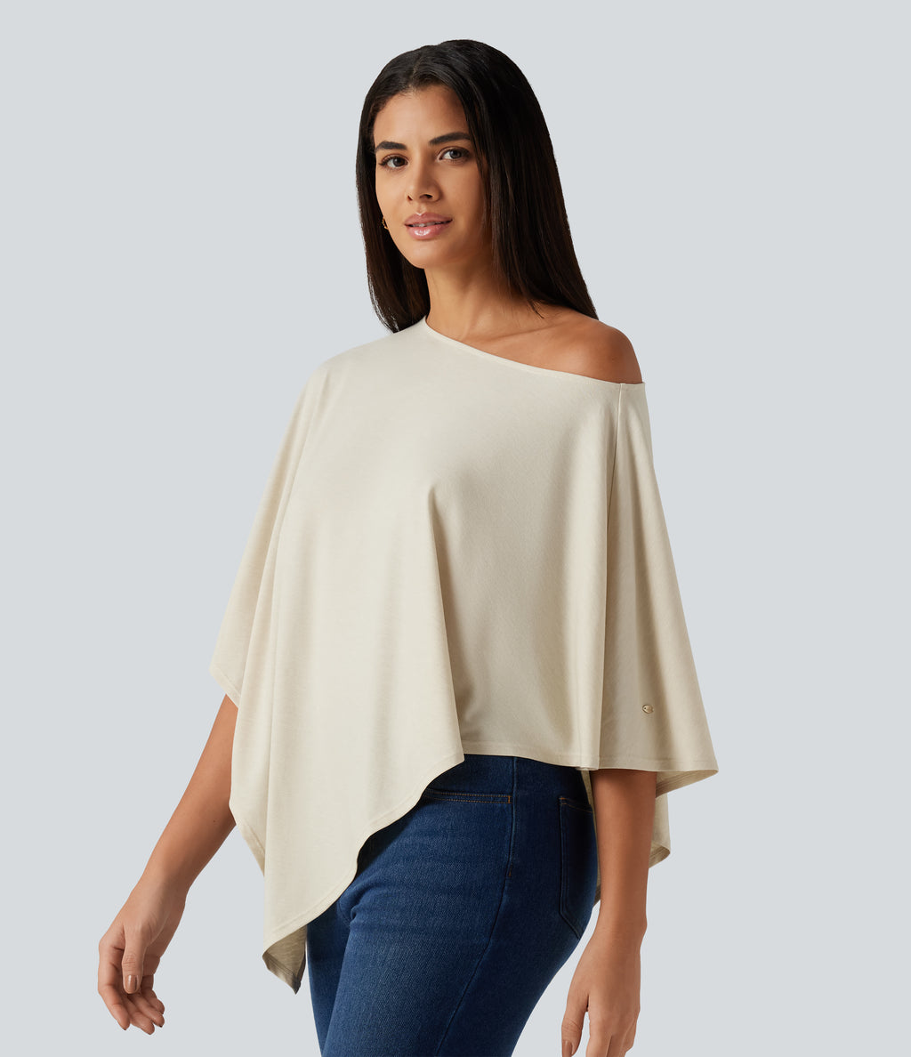 One Shoulder Half Sleeve Batwing Asymmetric Hem Oversized Casual Top — Soft Rice White — view 3